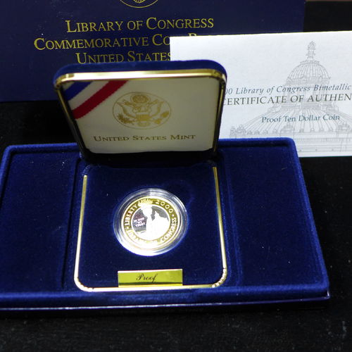 2000 W Gold & Platinum $10 Library of Congress Bimetallic Proof (w/ Box & COA)