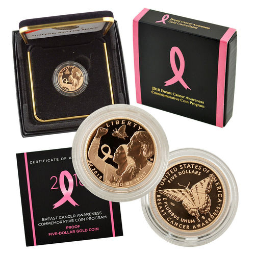 2018 Breast Cancer Awareness $5 Gold Proof Coin w/box and COA