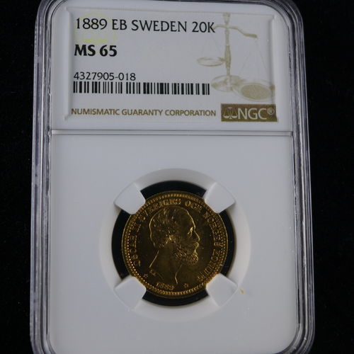 1889 EB SWEDEN Gold 20 Kronor NGC MS65