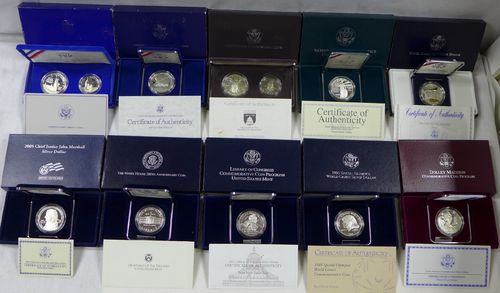 STARTER Collection of 10 Commemorative Proof Silver Dollars in boxes w/COA