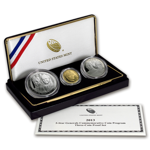 2013 Commemorative 5-Star Generals 3-Coin Proof Set - Gold $5, Silver $1, Clad half  (w/Box & COA)