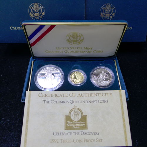 1992 3-Coin Columbus Quincentenary Commemorative Proof  Set (w/Box & COA)