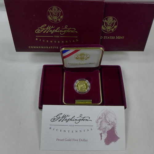 1999 W George Washington Commemorative $5 Gold Proof Coin w/box and COA