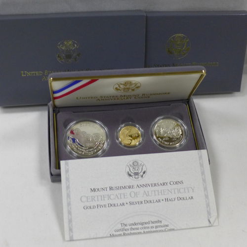 1991 Mount Rushmore Anniversary 3 Piece Set Silver & Gold, Proof