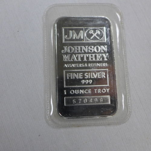 Johnson Matthey  1oz 999+ Silver Bar in plastic