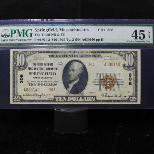 1929$10 National Currency - Third National Bank - Springfield MA - PMG45